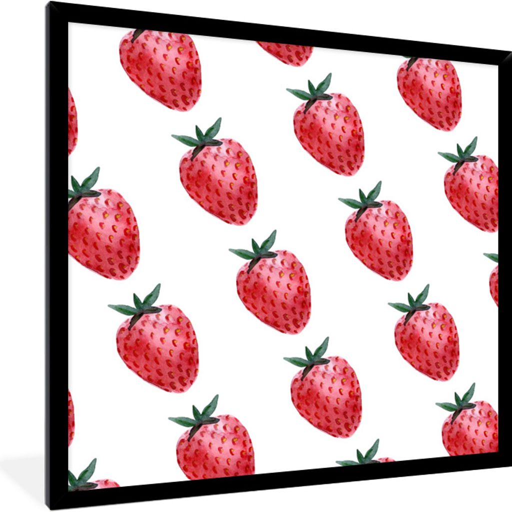MuchoWow Gerahmtes Poster Erdbeere - Obst - Weiß 40x40 cm - Poster mit Schwarzem Bilderrahmen Wandposter Rahmen Foto Bilder - Mit Rahmen - Wandd...