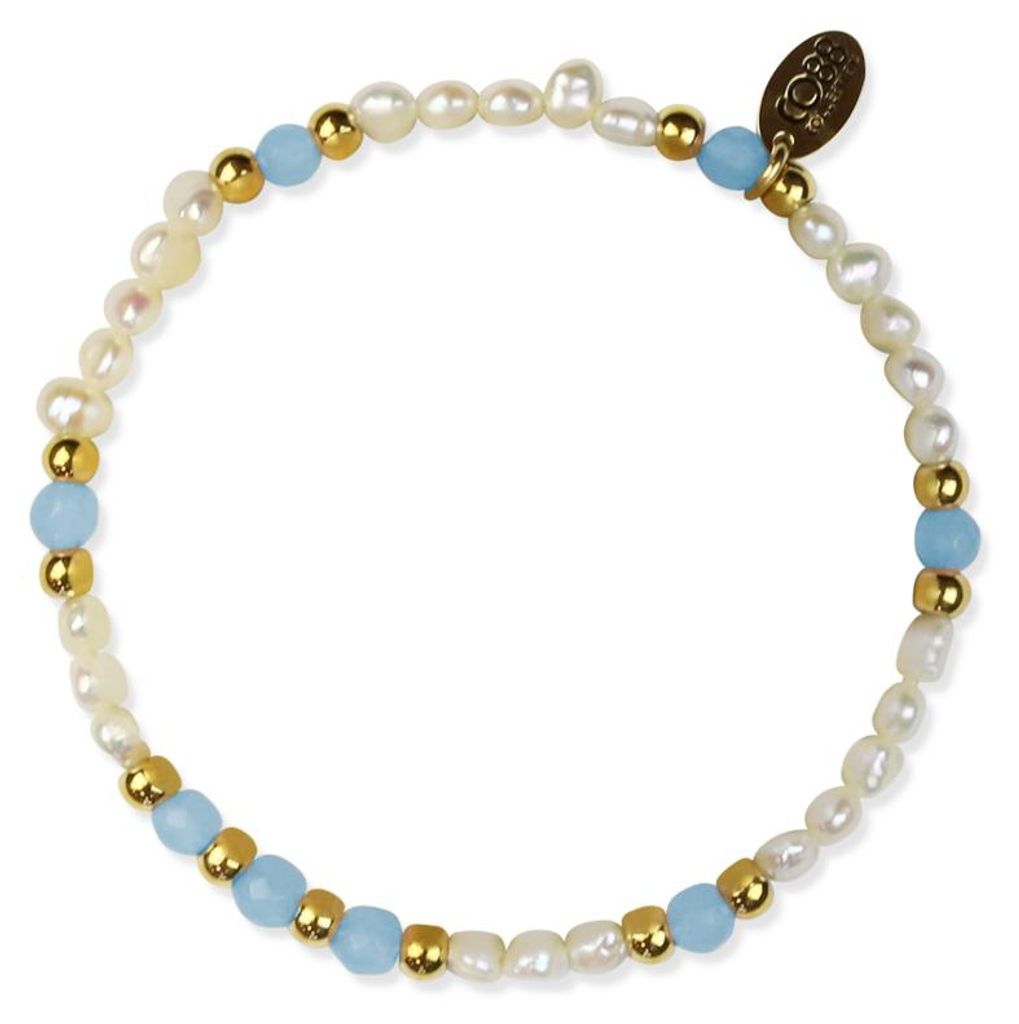 CO88 Collection 8COSAM-220078 Parelarmbandje met Blauwe Kralen - 5 mm Dikte - Rekbaar - Goudkleurig