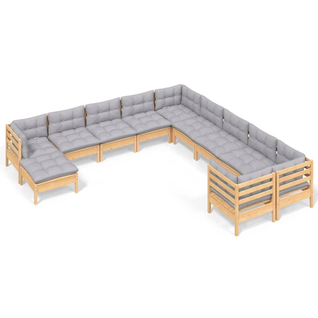 "SALE 2026" 11-tlg. Garten-Lounge-Set - elegantes Design - Sitzgruppe/Gartengarnitur - mit Grauen Kissen Kiefernholz - Terassenmöbel DEMöbel210785