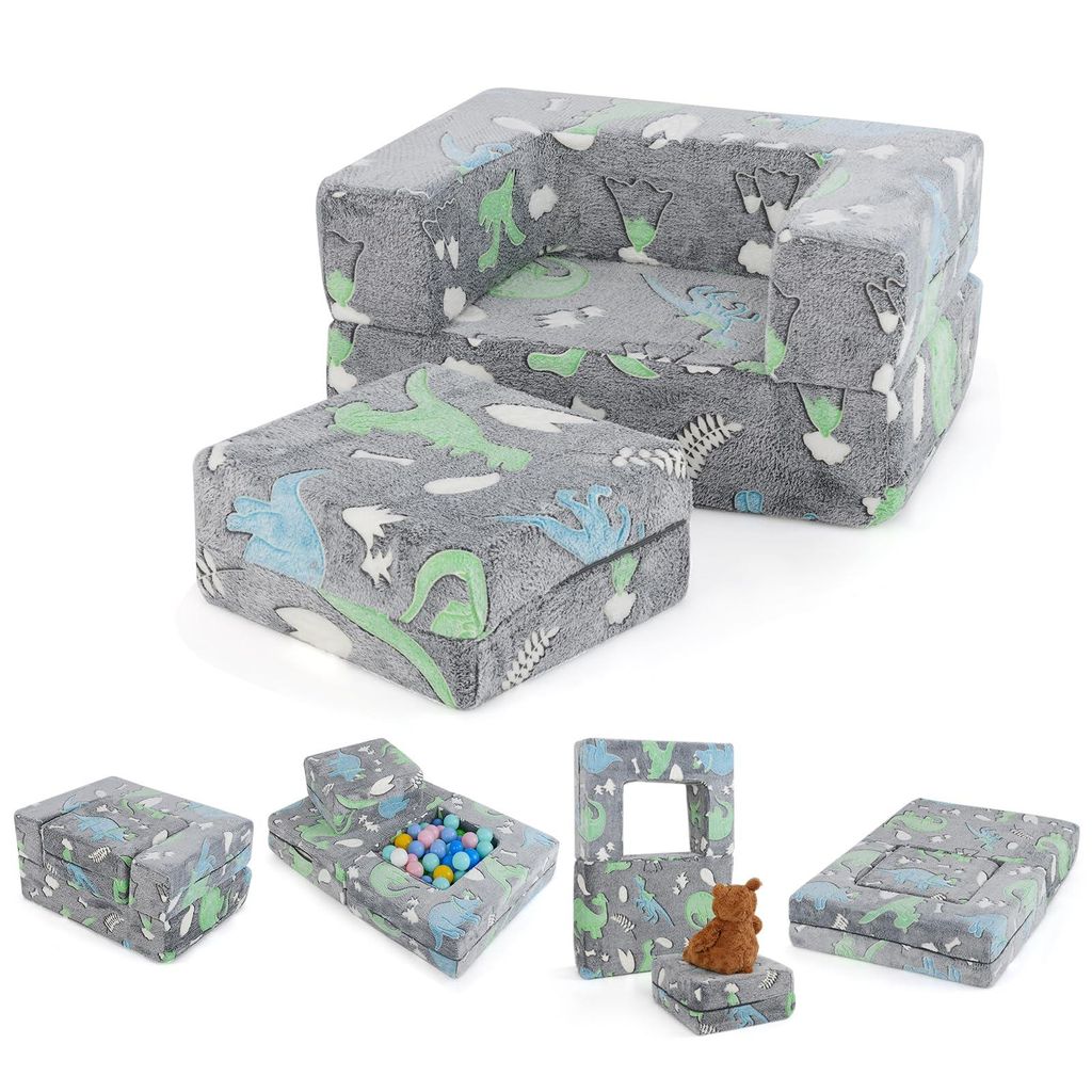 GOPLUS Kindersofa Spielsofa, Modulares Sofa ausklappbar mit leuchtenden Mustern & abnehmbarem Flanellbezug (71 x 53,5 x 34,5 cm,Grau)