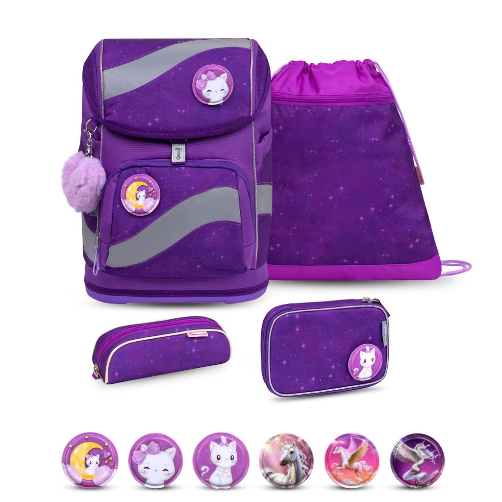 Belmil Smarty ergonomisches Schulranzen Set 5-teilig "Purple Sky" mit Brustgurt, Hüftgurt, Magnetver