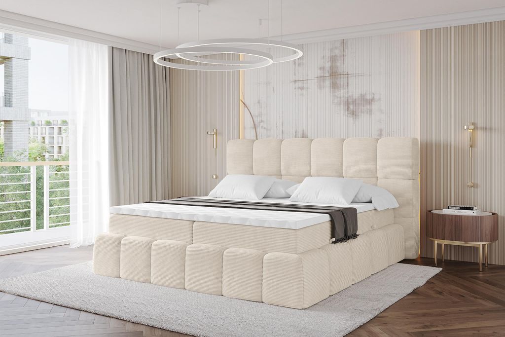 ALTDECOR Boxspringbett mit Matratze und Lattenrost, Topper, Polsterbett mit Bettkasten, Bett mit Stauraum H4-Matratze, Doppelbett, Boxbett - AURI -...