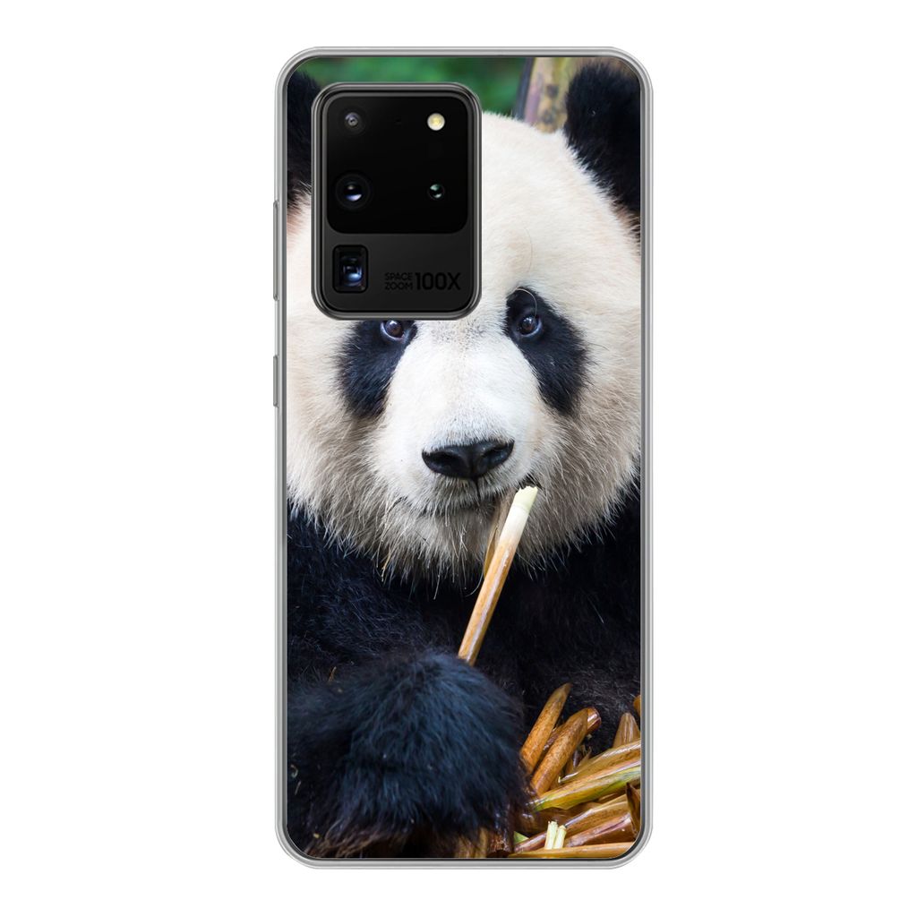 MuchoWow Handyhülle Schutzhülle Hülle für Samsung Galaxy S20 Ultra Panda - Bambus - Natur Silikon Softcase Handy Hülle - Karteninhaber