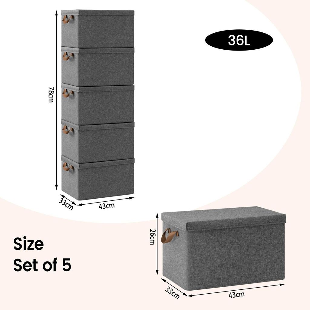 Aufbewahrungsboxen - Kleideraufbewahrung aus Polyester - Volumen 36 L, 5er-Set - Faltbar - Mit Deckel und Griffen - Rechteckig - Rosa