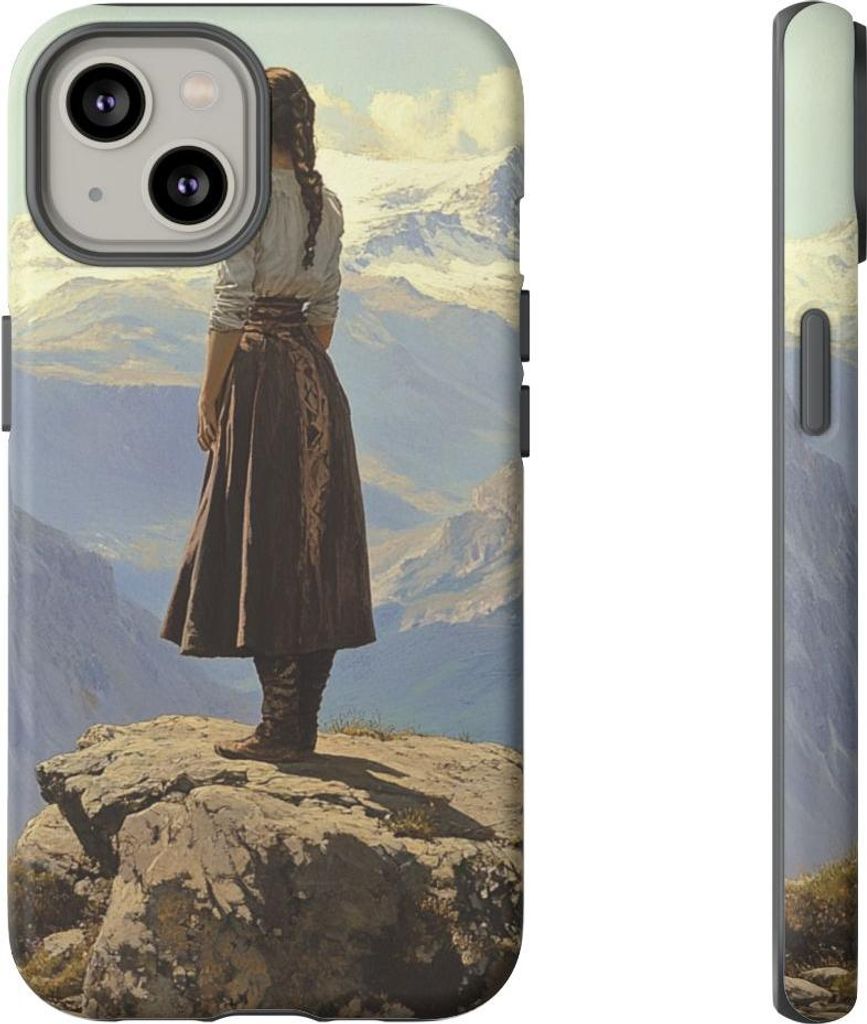 Frau vor majestätischer Berglandschaft – Handyhülle Kompatibel mit iPhone 14