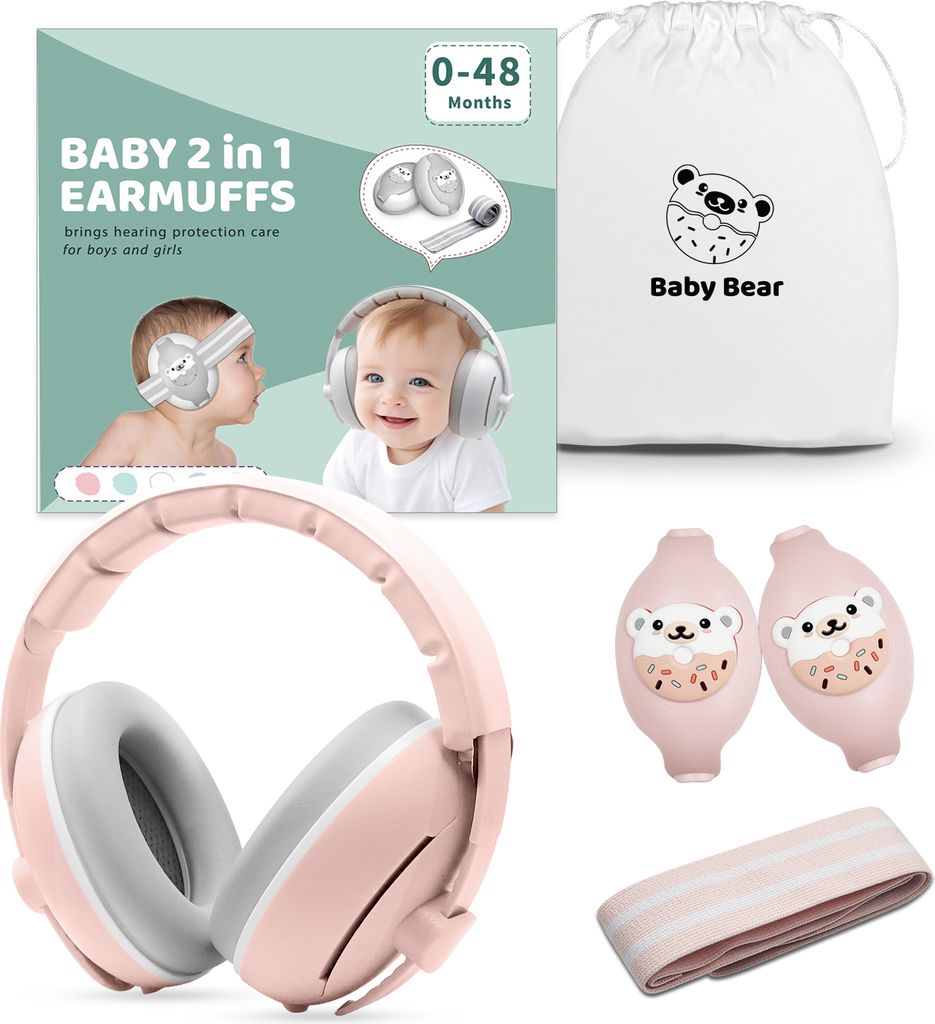 Youha Gehörschutzset - Gehörschutz geeignet für Babys und Kleinkinder (0-4 Jahre) - 2-in-1 Set - Anti-Rutsch- und Klettverschluss - Farbe: Rosa
