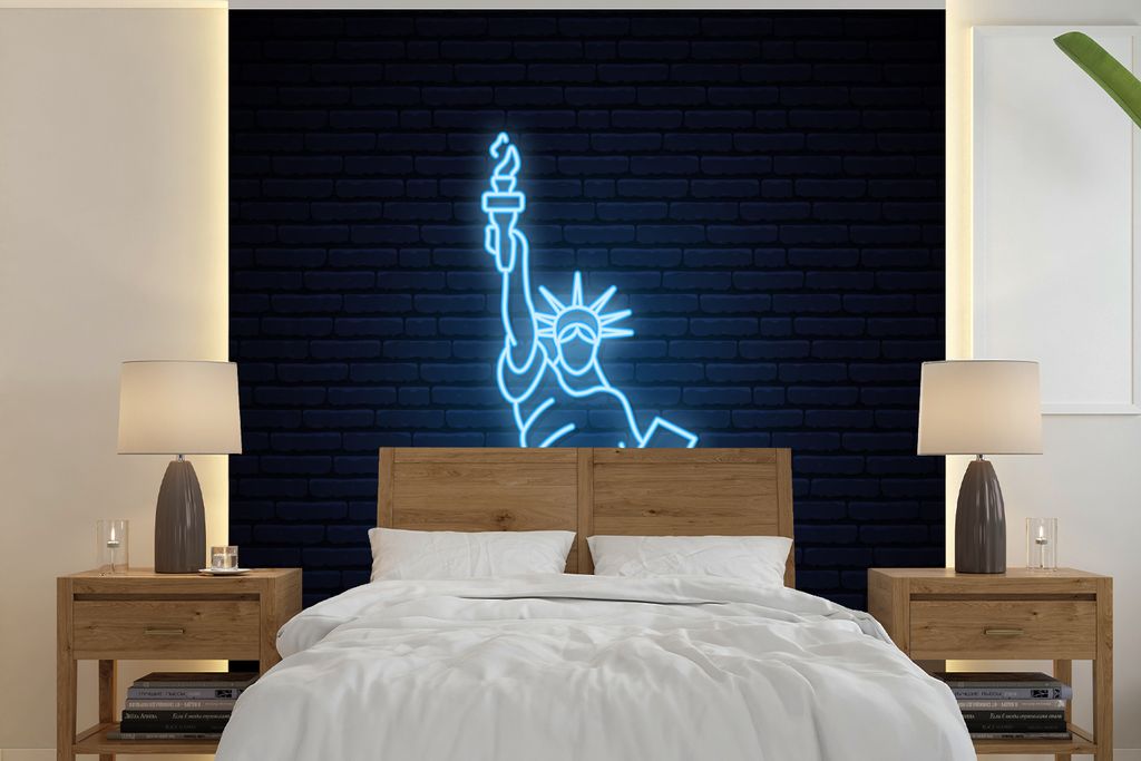 MuchoWow Fototapete für Wohnzimmer oder Schlafzimmer Wandtapete Vinyl Motivtapete New York - Wappen - Freiheitsstatue - 280x280 cm - Hintergrund...