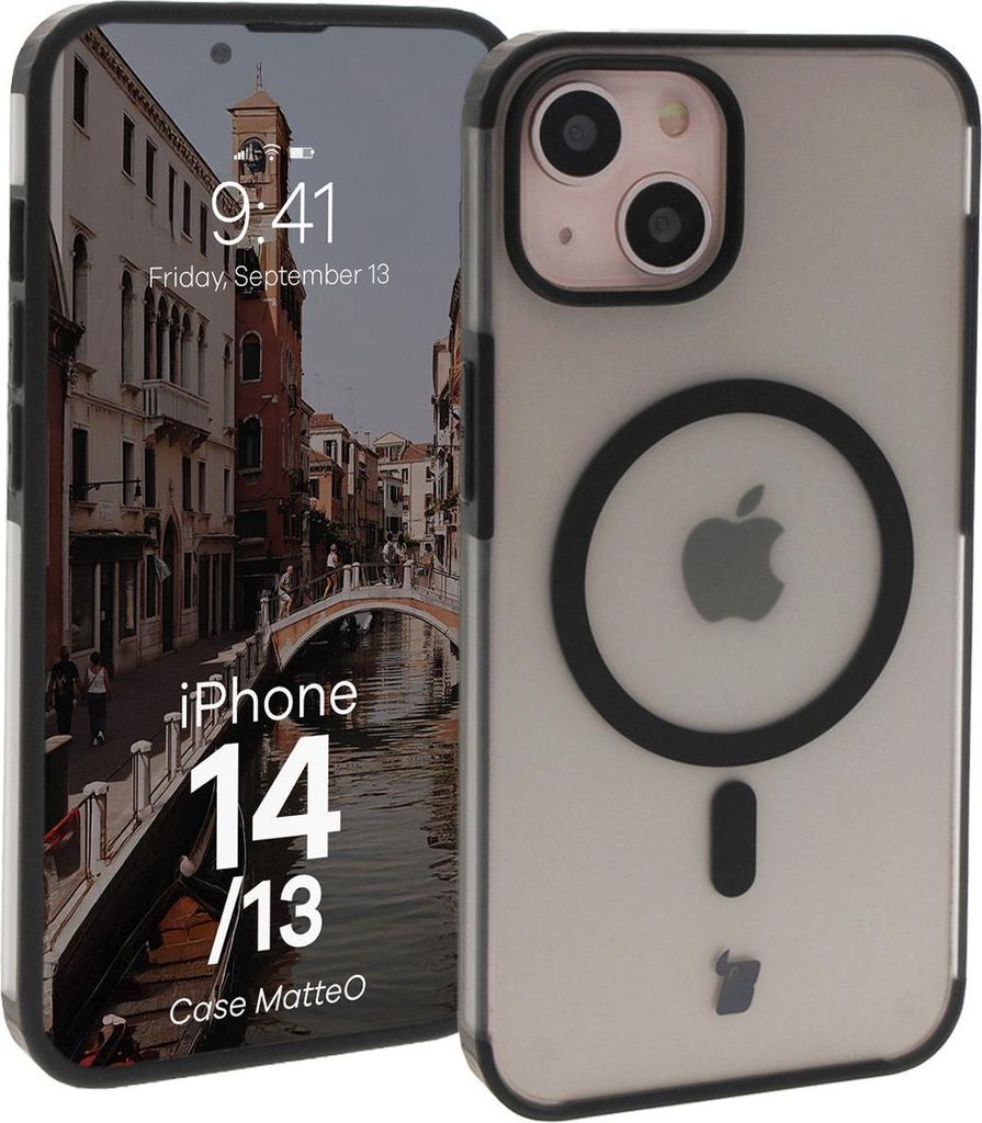 Bizon Case MatteO Magnetische Ringhülle für iPhone 14 / Phone 13, halbtransparent mit schwarzem Rahmen