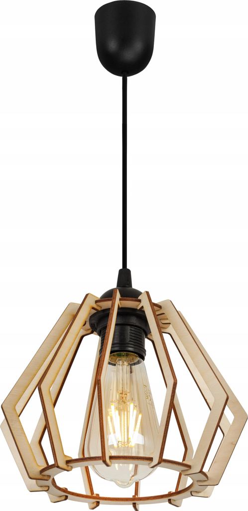 A pendant light with a wooden geometric shade and a visible Edison-style bulb.