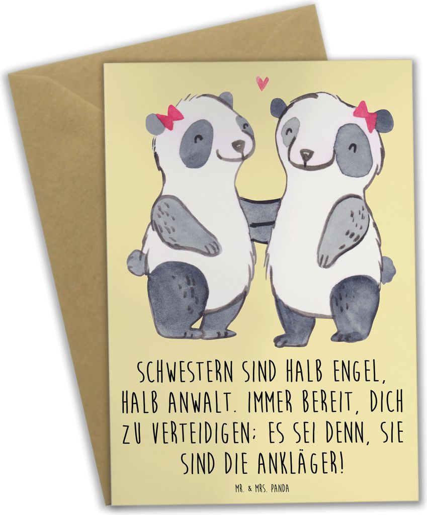 Mr. & Mrs. Panda Glückwunschkarte Schwesternwunder - Gelb Pastell - Geschenk, Familienmitglieder, dankeskarten, Geschwisterliebe, liebe unter gesc...