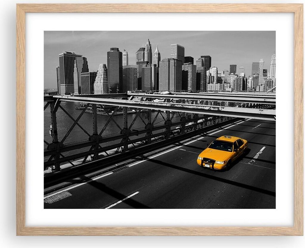 Gerahmtes Poster - Rahmen in heller Eiche - New York Manhattan Brooklyn Brücke Taxi - 50x40 cm - Wand Bild - Wanddeko - Wandbilder - Wandposter - ...