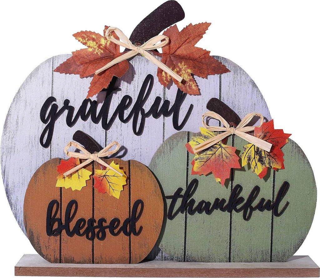 3 Stück Herbst-Kürbis-Dekor, hölzernes Tischschild mit der Aufschrift „Thankful Blessed Grateful“, Tischplatte für Herbst, Bauernhaus, Vint...