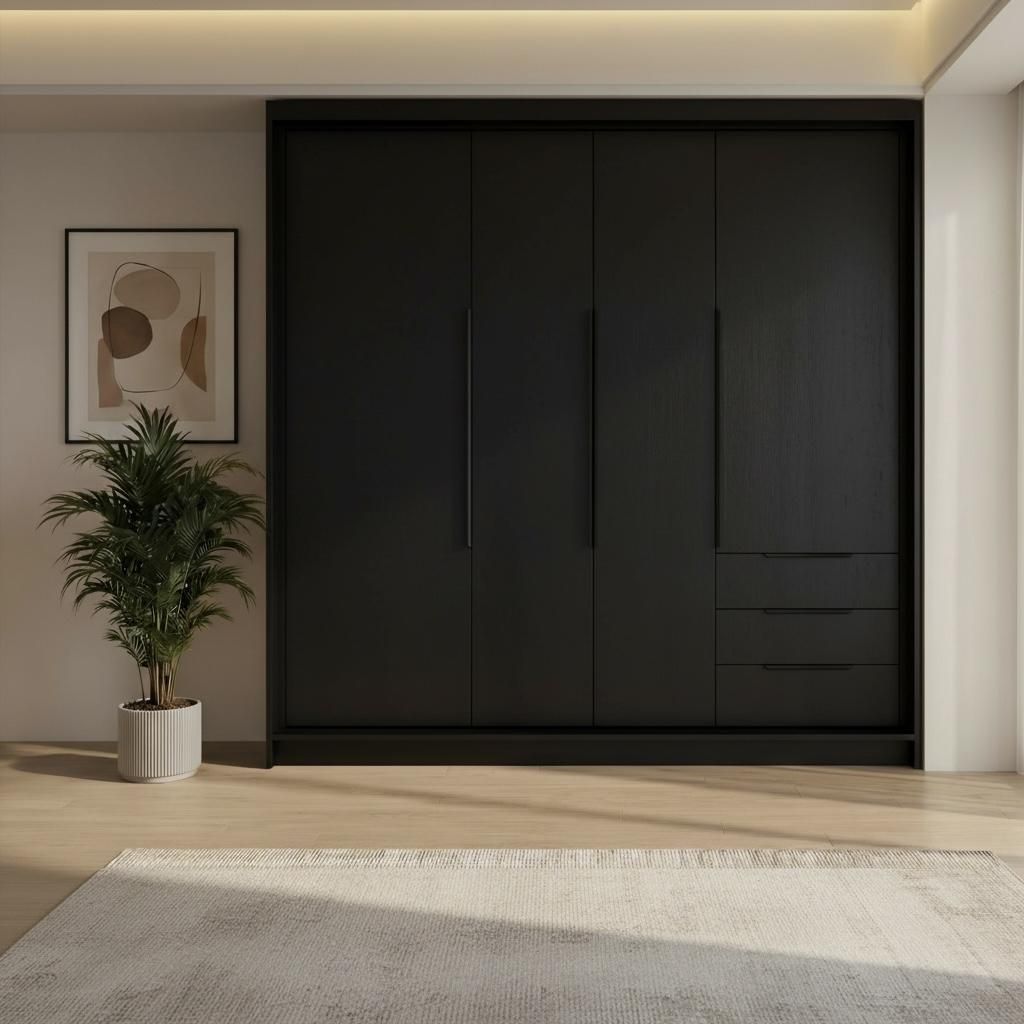 Geräumiger vier-türiger Kleiderschrank KLARI mit Schubladen und Metallgriffen – modernes Design