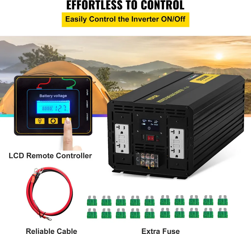 Onduleur 12V 110V 5000W avec Télécommande et Écran LCD Rétroéclairé