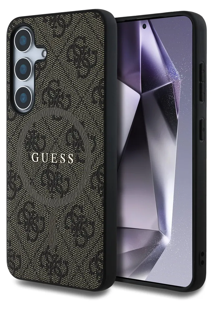 Etui Guess in pelle 4G anello colorato Classic Logo Magsafe Samsung Galaxy S25 Brązowy