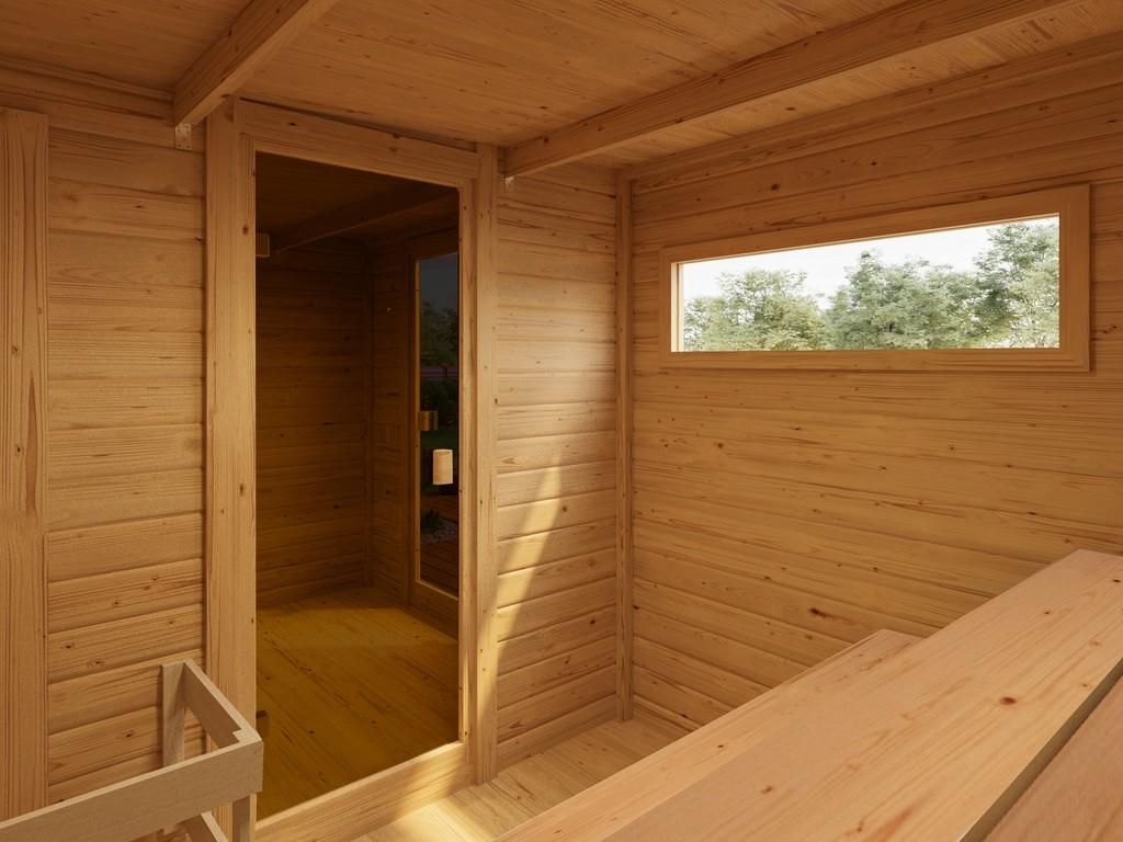 KARIBU Gartensauna Terragrau 6 Personen, Saunahaus mit Vorraum, bronzierte Ganzglastür, Fichtenholz, Infrarotkabine, Outdoor Sauna für Garten