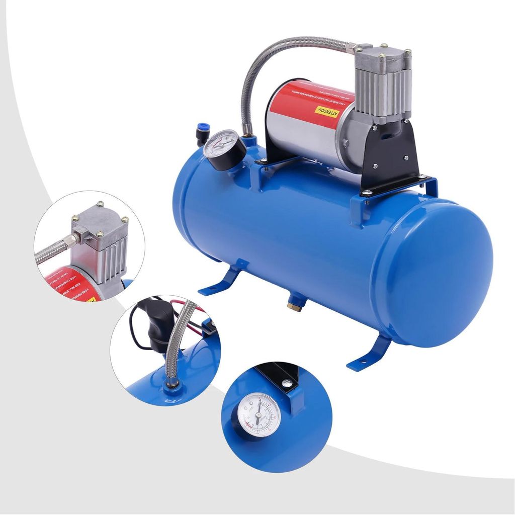 Luftkompressor - Lufthorn-Kompressor mit Tank - DC 12V - 6 L - 150 PSI - Druckschalter 90/120 PSI - 23A - Blau