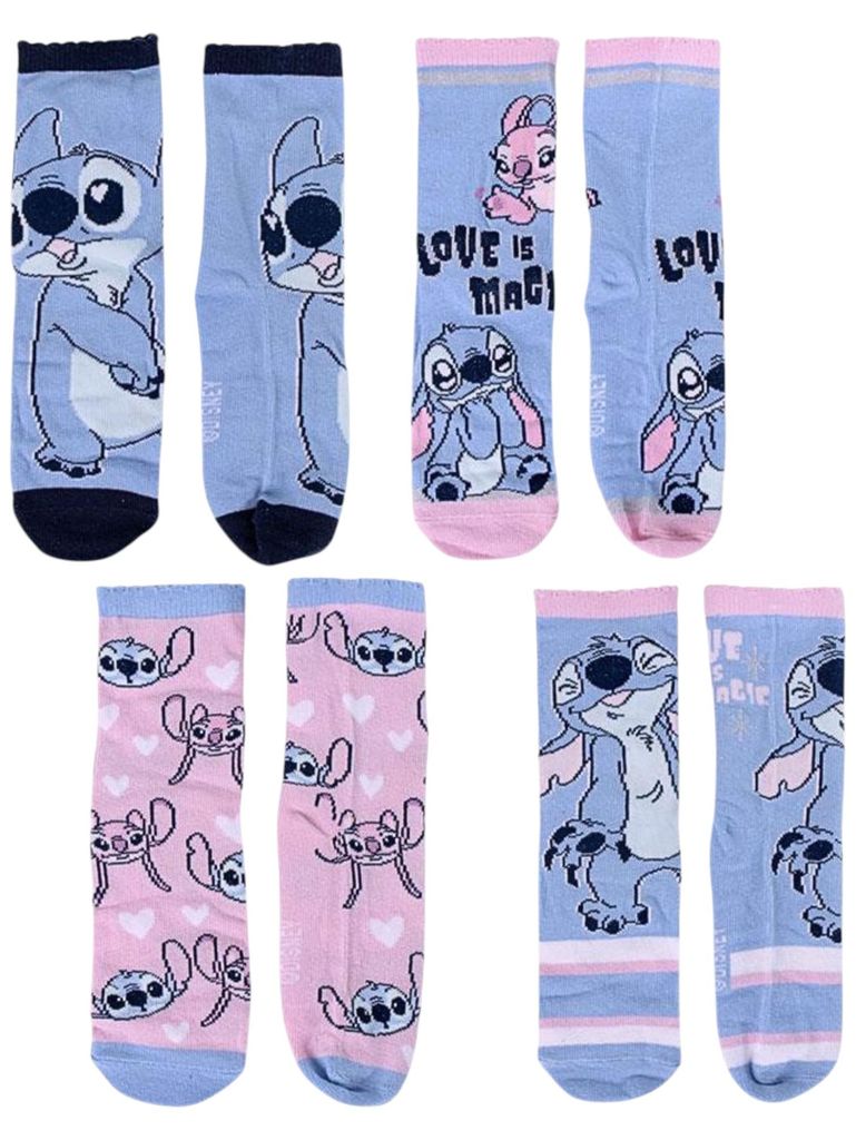 4er - Pack Kindersocken Disney Stitch & Angel Geschenkset mit Spardose Bunt 27 - 30