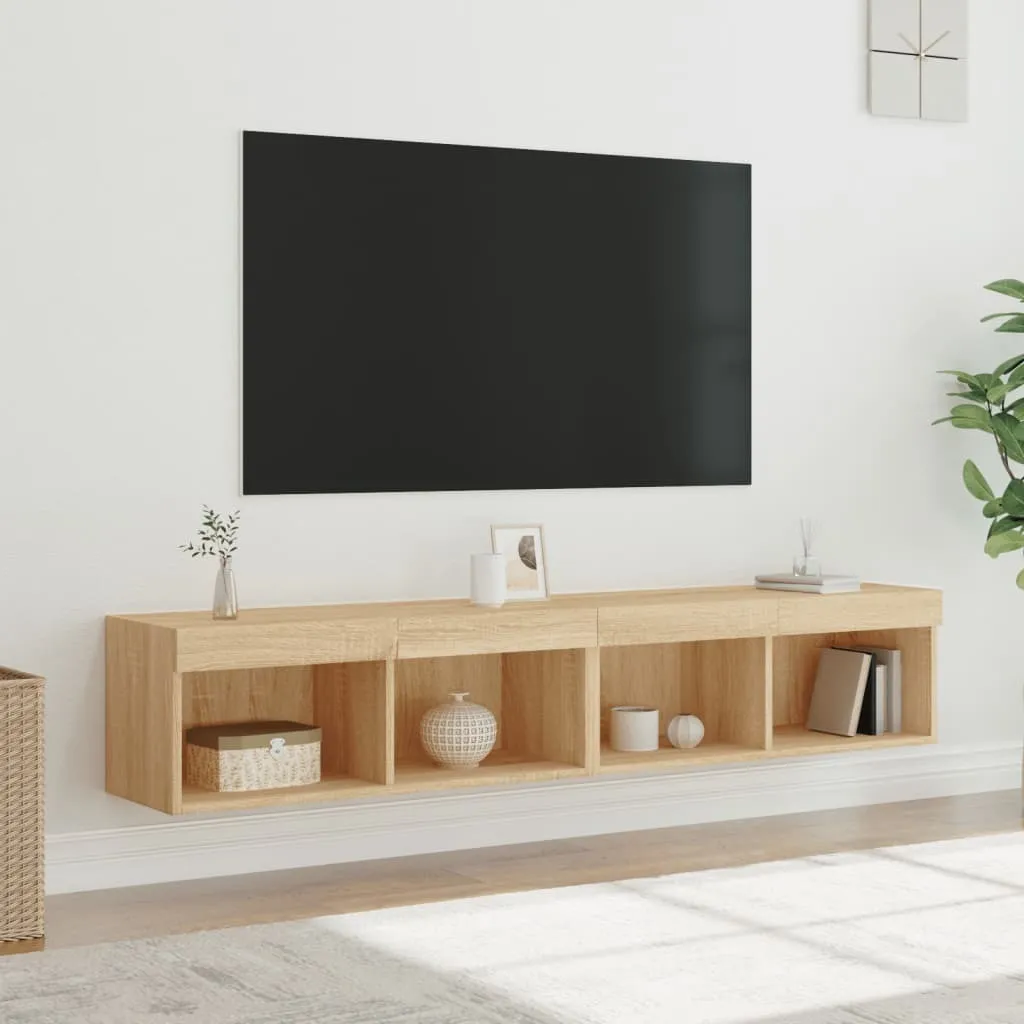 Ensemble meuble TV suspendu avec éclairage LED étagère murale bois clair