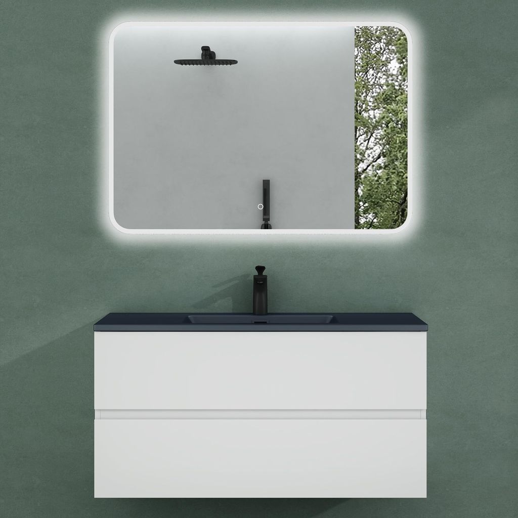 Mai & Mai Badmöbel-Set Waschtisch mit Unterschrank Mineralguss Waschbecken in Anthrazit Waschbeckenunterschrank 100x48x50cm Weiß Matt 2-Schublade...