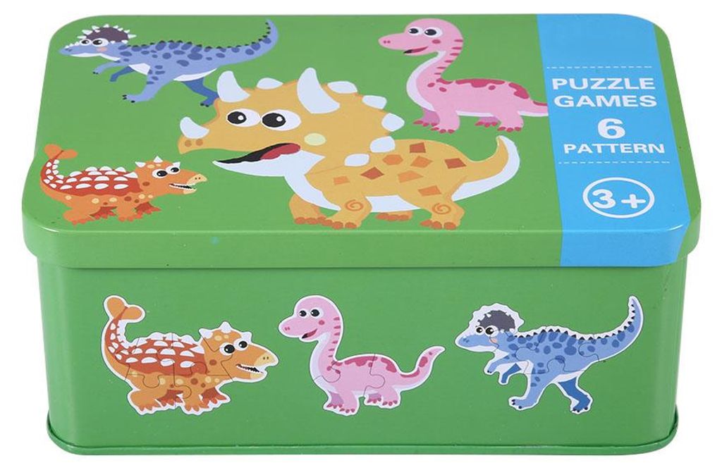 Puzzle aus Holz, frühpädagogisches Lernspielzeug für Kinder mit Eisenbox, Dinosaurier