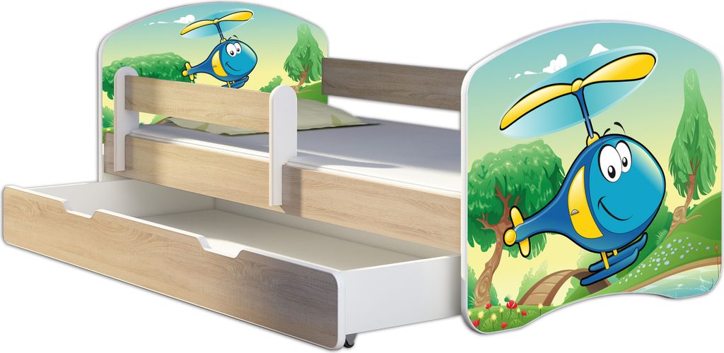 ACMA Jugendbett Kinderbett Junior-Bett Komplett-Set mit Matratze Lattenrost und Rausfallschutz Sonoma 35 Hubschrauber 180x80 + Bettkasten