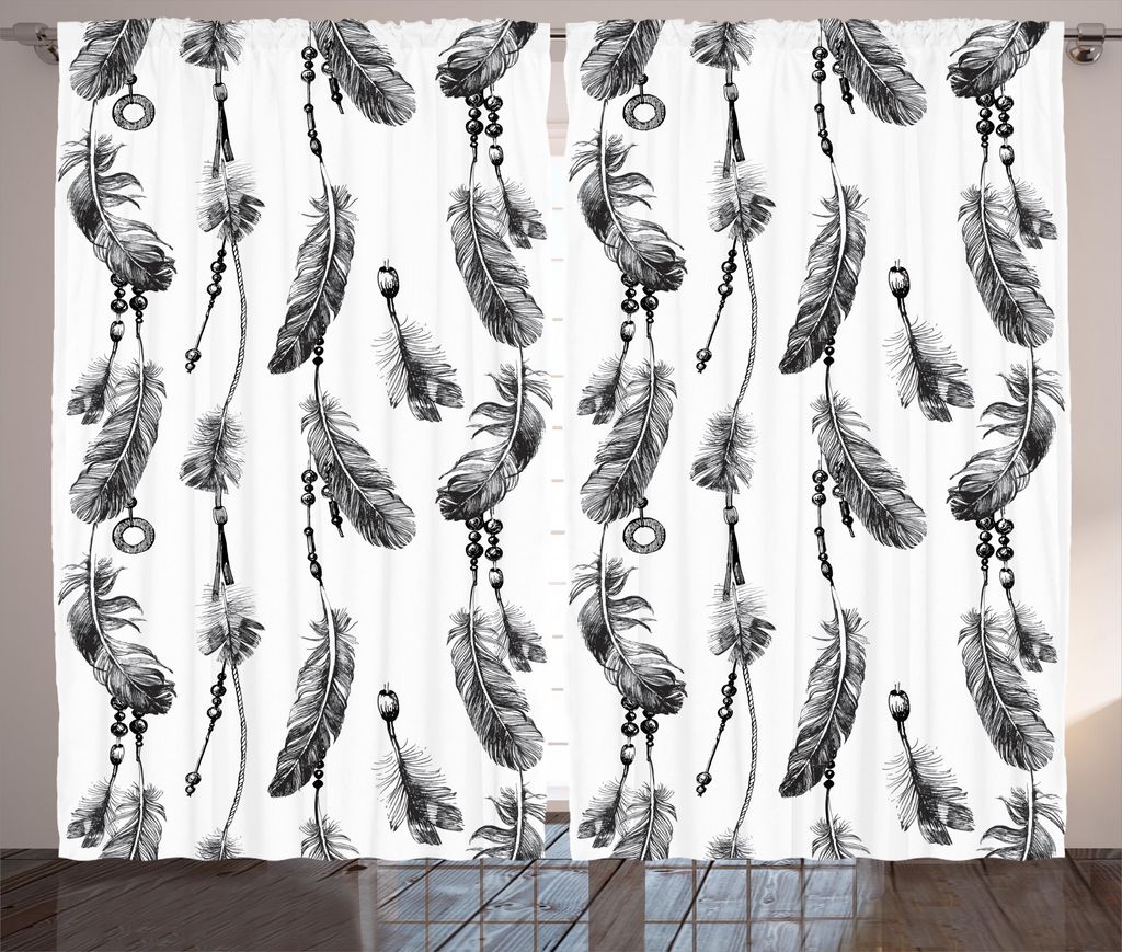 ABAKUHAUS Stammes Rustikaler Gardine, Schwarz Weiß Boho Feder, Schlafzimmer Kräuselband Vorhang mit Schlaufen und Haken, 280 x 175 cm, Charcoal G...