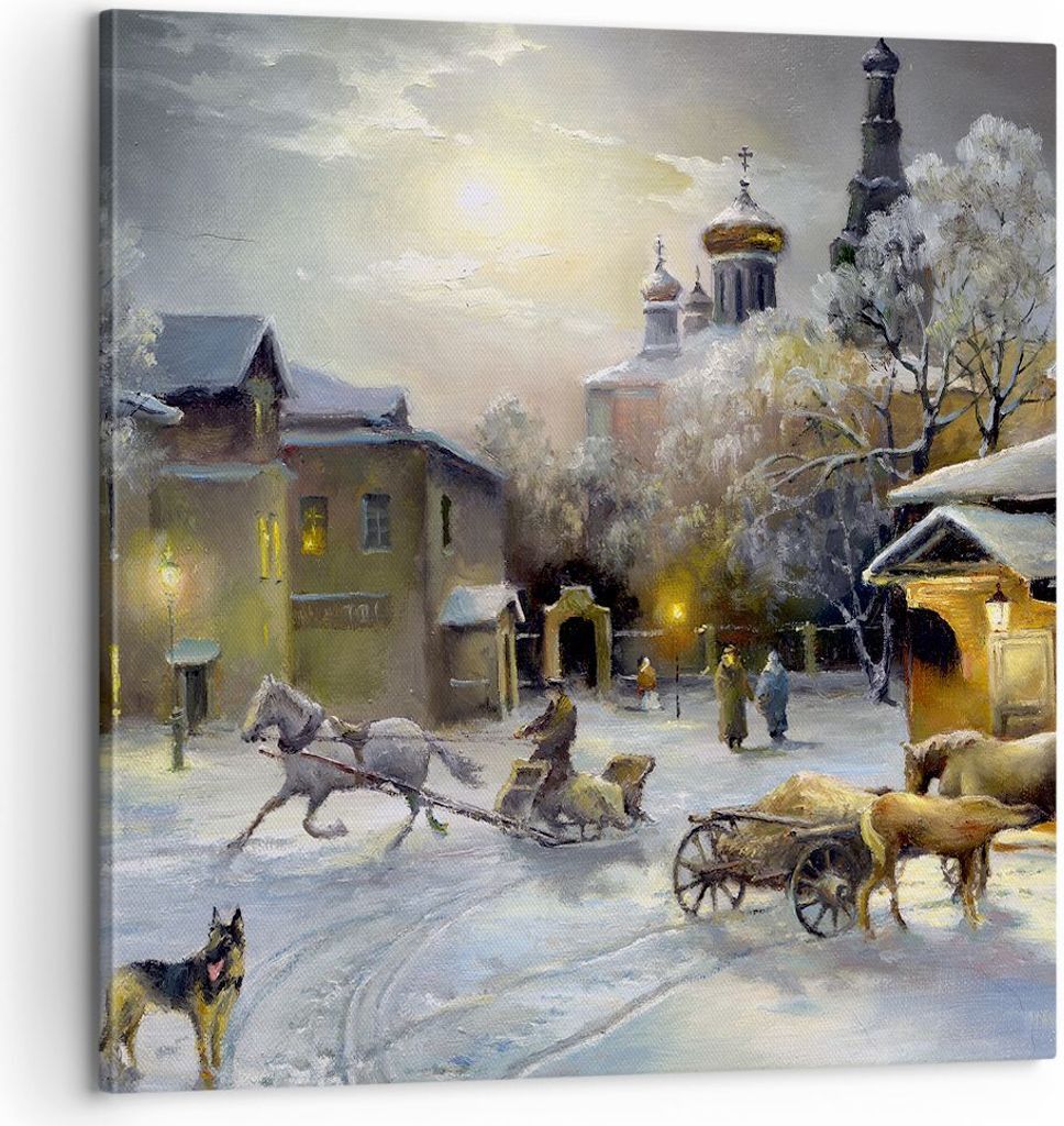 Bild auf Leinwand - Leinwandbild - Dorf Schlitten Schnee - 60x60cm - Wand Bild - Wanddeko - Leinwanddruck - Bilder - Kunstdruck - Wanddekoration - ...