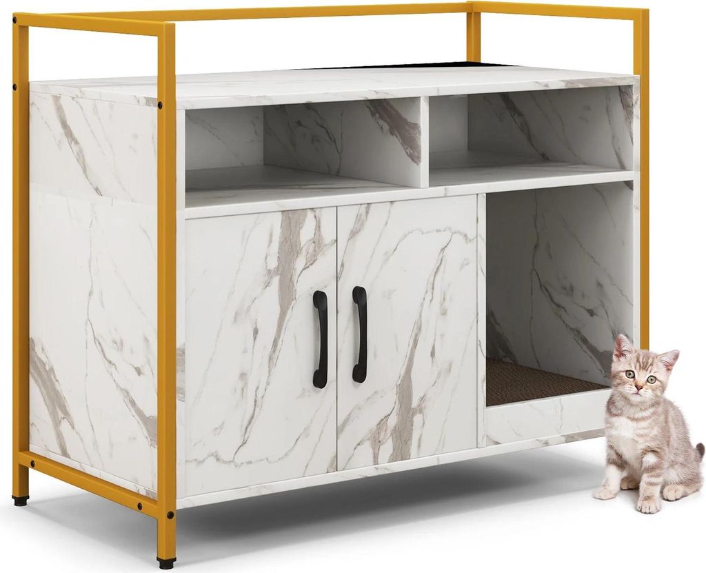 Katzentoiletten-Schrank - Katzenhaus Möbel - Doppeltüren - Kratzmatte - Offenes Regal - 2 Fächer - Faser-Material - Weiß