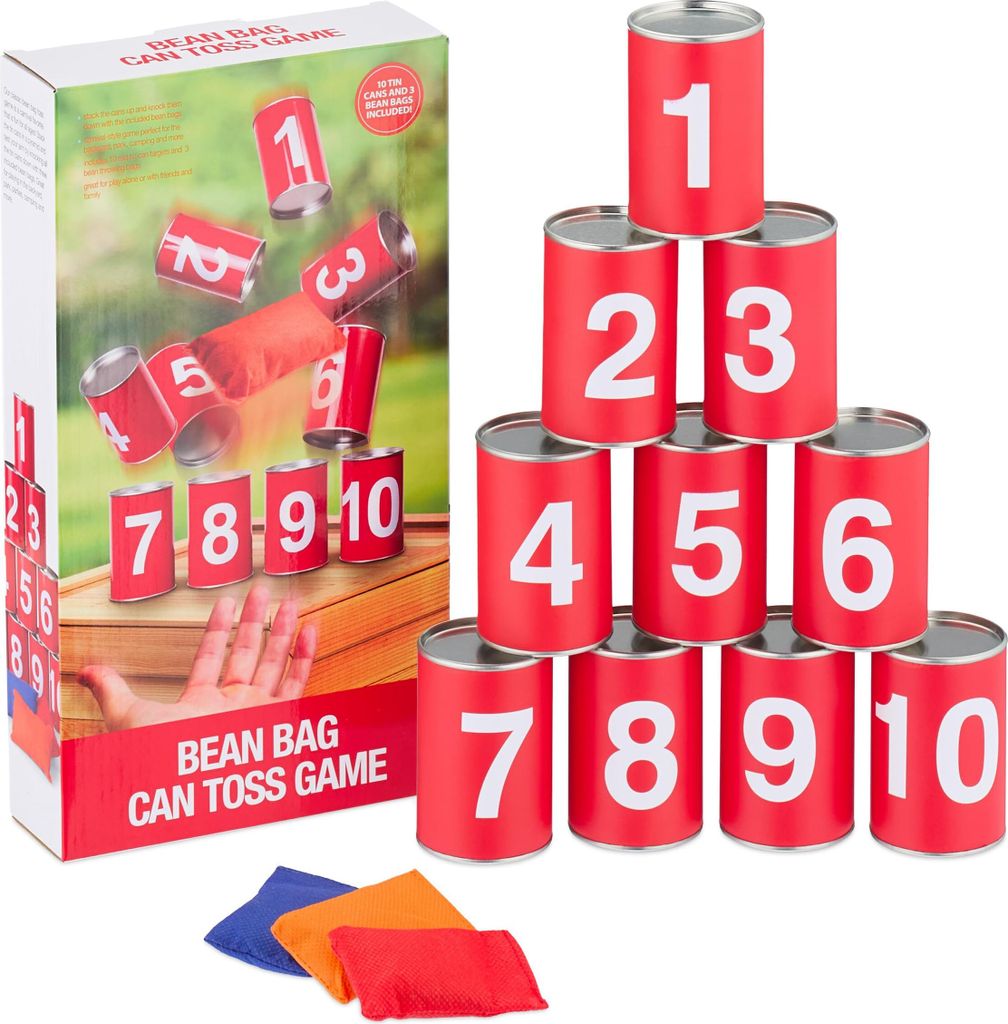 Relaxdays Dosenwerfen für Kinder, Büchsenwerfen Garten, 10 Blechdosen & 3 Säcke, Wurfspiel für Kindergeburtstage, rot
