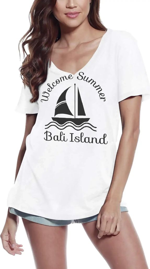 Damen Grafik T-Shirt V-Ausschnitt Willkommen Sommer auf der Insel Bali – Welcome Summer Bali Island – Öko-Verantwortlich Vintage Jahrgang Kurzarm