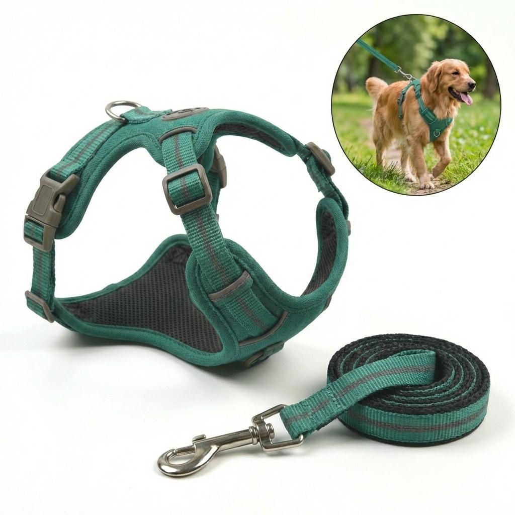 Hundegeschirr Set mit Leine, Reflektierend & Verstellbar, Softgeschirr Gr. L Grün