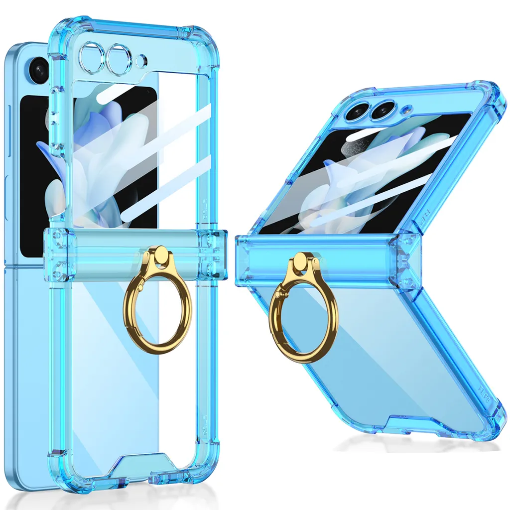 Cover Z Flip 5 Trasparente con Dettagli Blu: Trendy e Protettiva