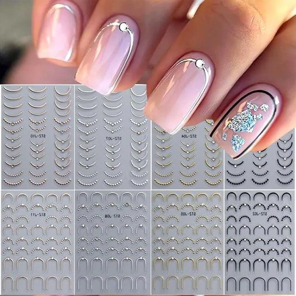 Stickers Ongles Métallisés Rose Doré & Argenté - 8 Planches Nail Art