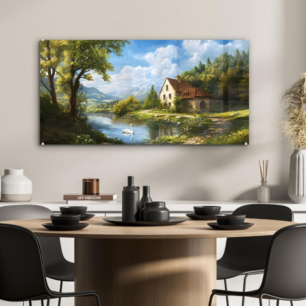 MuchoWow Glasbilder - Bilder auf Wandbild - Foto auf Glas Schwan - Bäume - Ruhe 80x40 cm Wanddekoration aus Glas - Acrylglasbild - Acrylbilder - W...