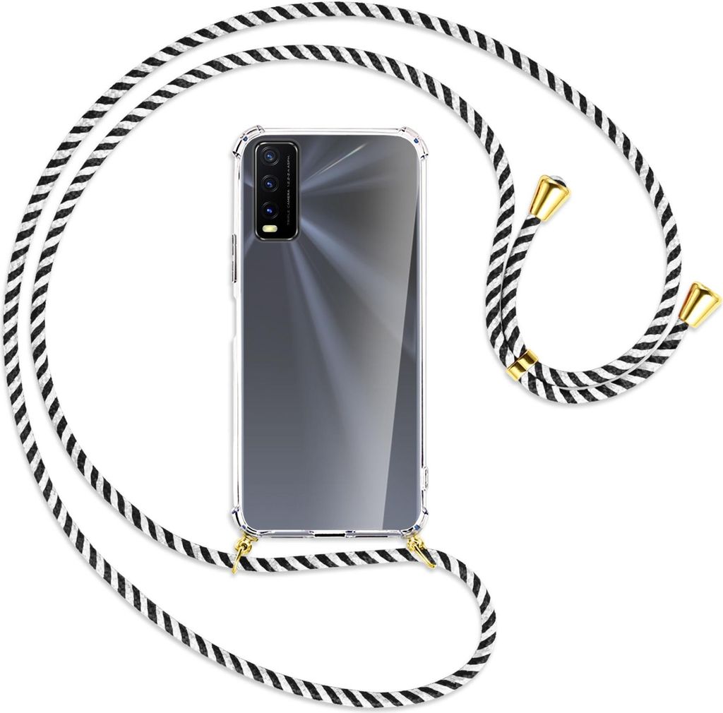 Handykette Backcover-Schutzhülle mit Band (Metall goldfarben) für vivo Y20s / Y11s - schwarz/weiß gestreift