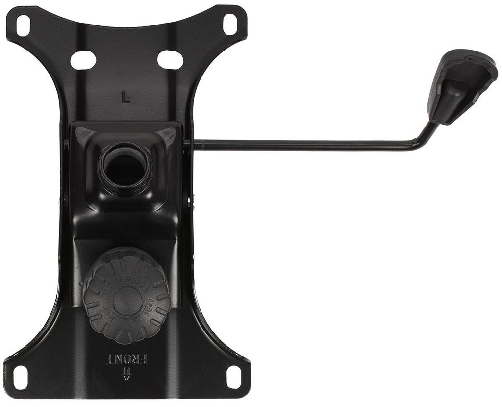 A black office chair tilt mechanism with a height adjustment lever, shown against a white background.