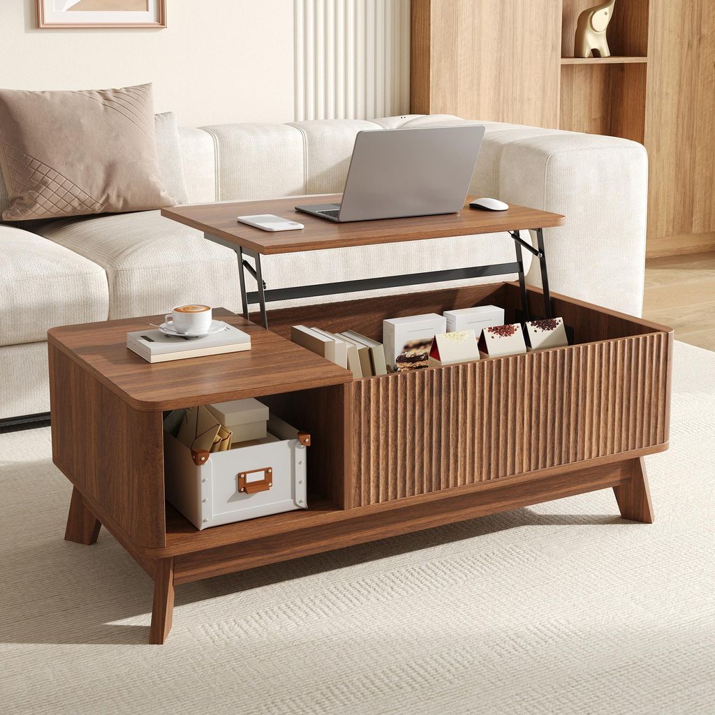 MODFU Couchtisch Wohnzimmertisch mit Anhebbarer Tischplatte,Sofatisch Beistelltisch mit offenes Seitenfach,Wellenoptik,Nussbaum