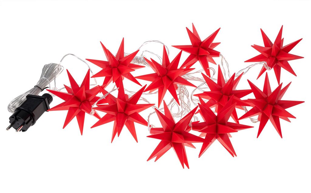 A string of red star-shaped LED lights with a black plug on a white background.
