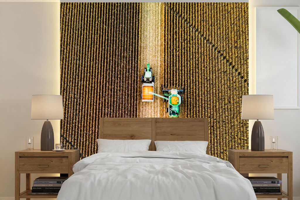 MuchoWow Fototapete für Wohnzimmer oder Schlafzimmer Wandtapete Vinyl Motivtapete Traktor - Feld - Land - Bauernhof - Ernte - 280x280 cm - Hinte...