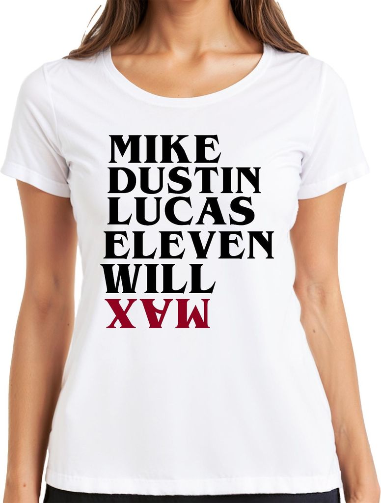 Stranger Mike Dustin Lucas Eleven Will Max Retro Serienfan Damen T-Shirt, Weiß, M