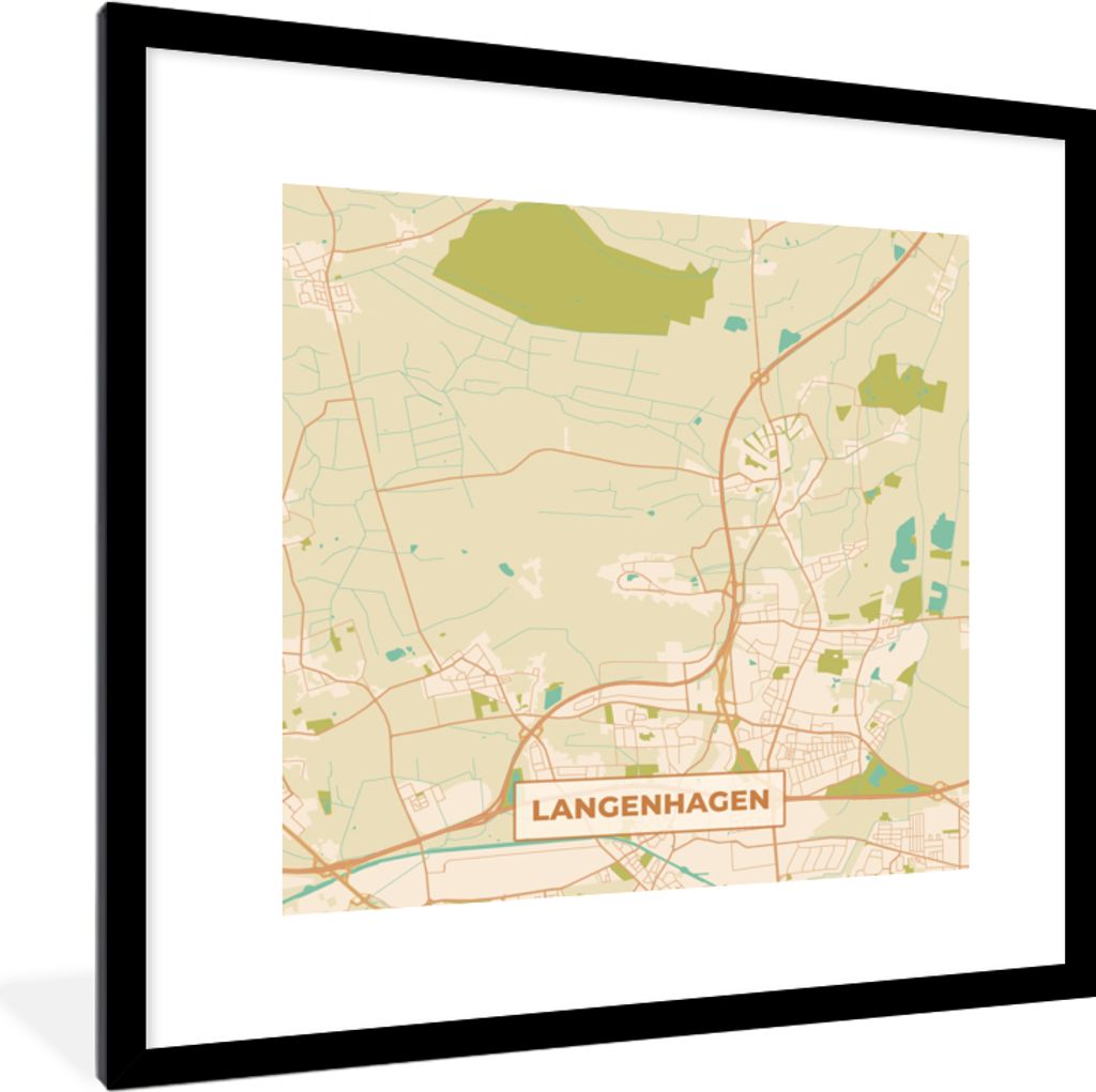 MuchoWow Gerahmtes Poster Langenhagen - Stadtplan - Vintage - Karte 40x40 cm - Poster mit Schwarzem Bilderrahmen Wandposter Rahmen Foto Bilder - ...