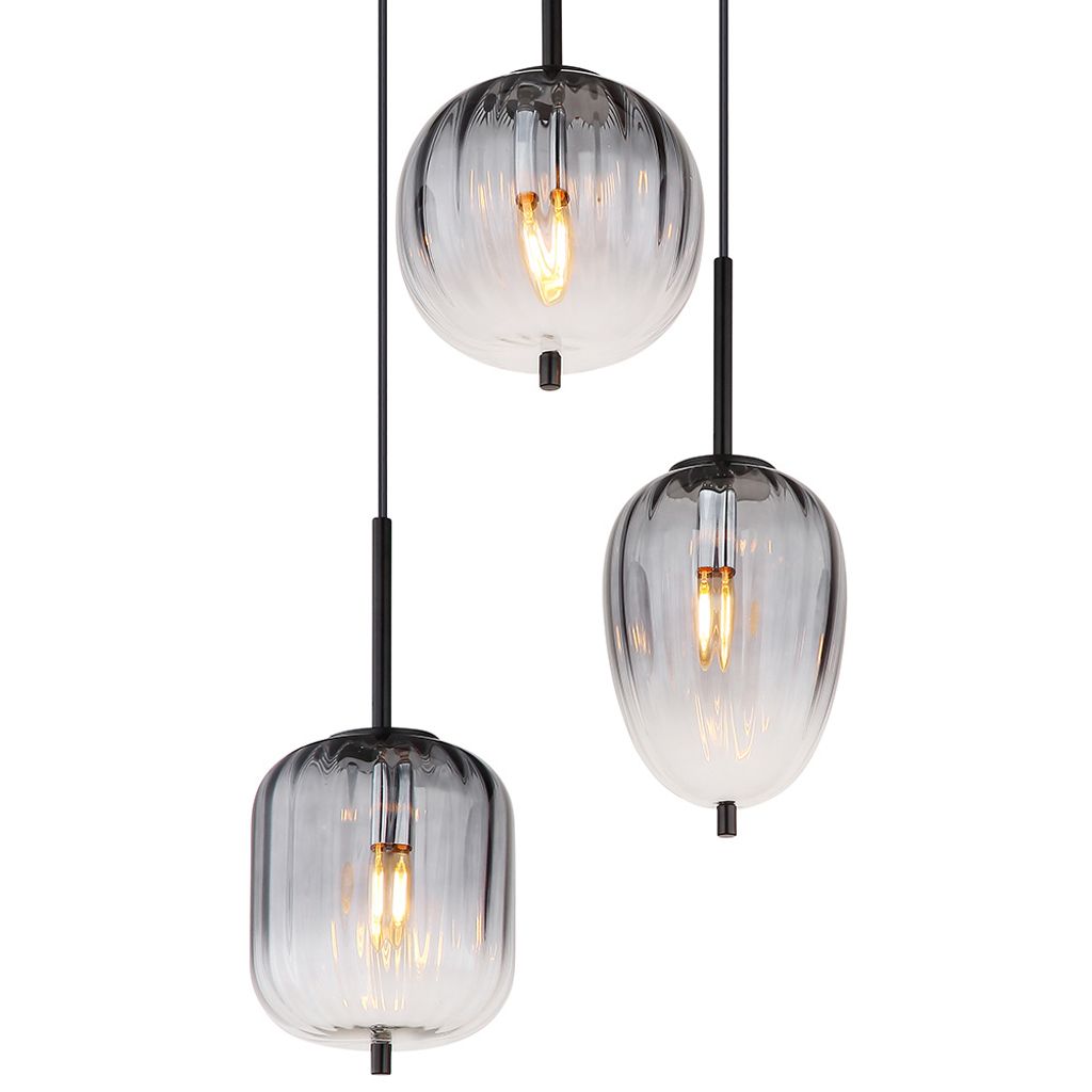 Pendelleuchte, Metall, Glas, rauchfarben, 3 Flammig, H 120cm