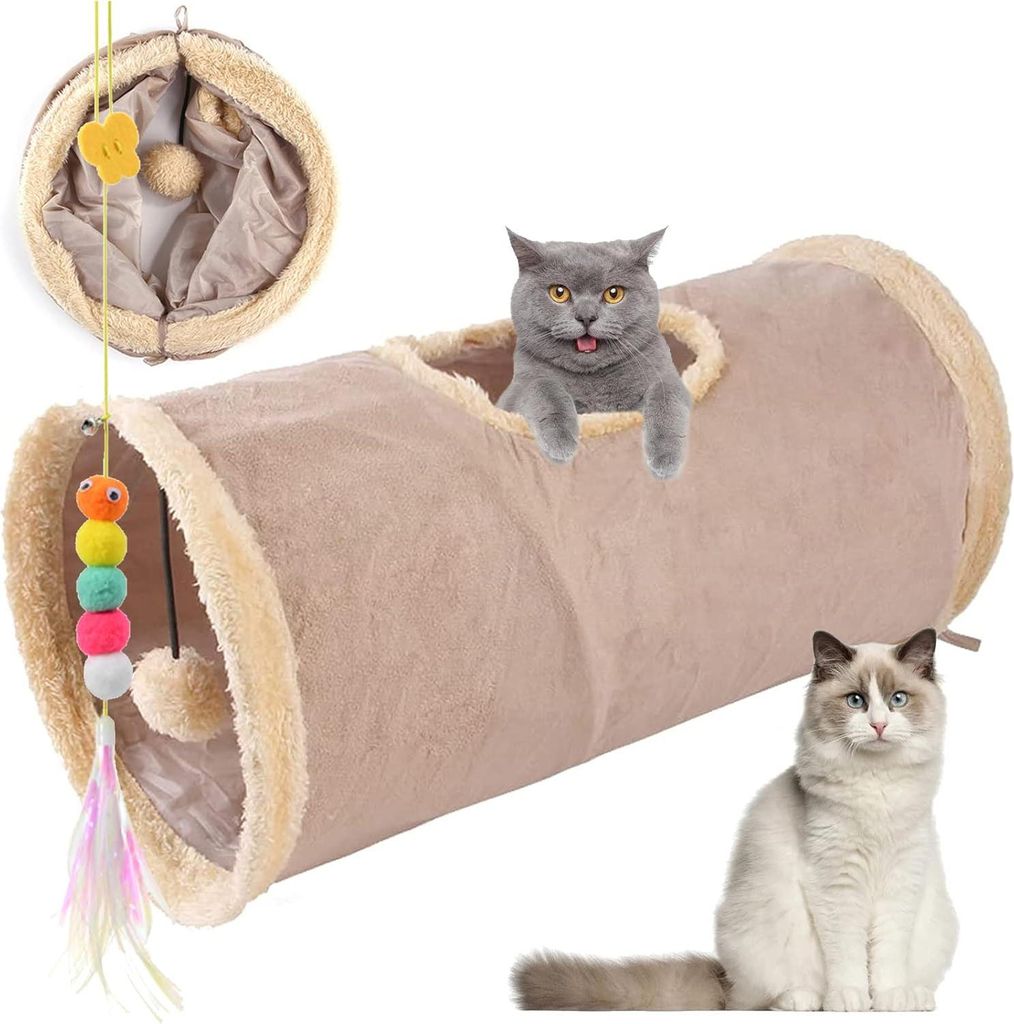 Faltbarer Katzentunnel aus Wildleder mit knisterndem Ball - Katzenspielzeug für Kaninchen, Welpen und kleine Tiere - lustiger hängender Katzenstock