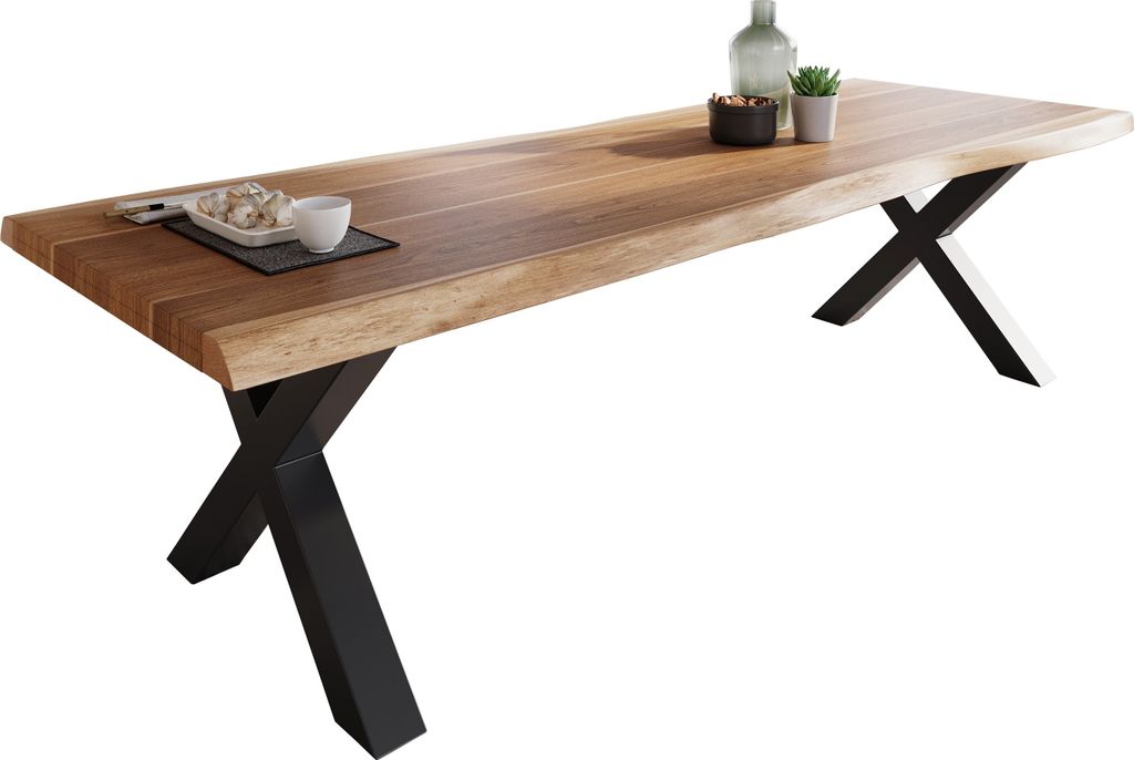 Esstisch Baumkante massiv Akazie Natur 240 x 100 X-Gestell schwarz ATLAS