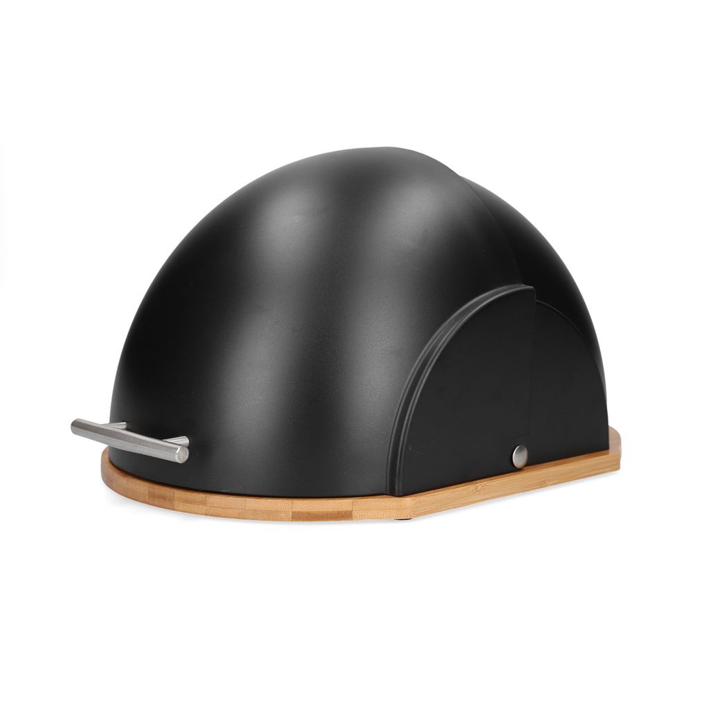 A black bread box with a wooden base is shown against a white background.