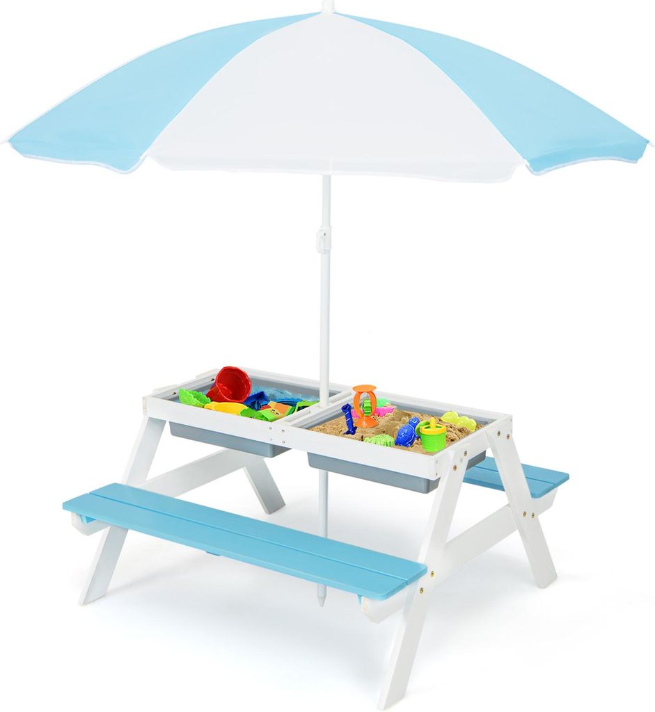 COSTWAY 3 in 1 Kinder Picknicktisch, Gartentisch mit Sonnenschirm & Bänke, Kindersitzgruppe aus Holz mit Tischplatte & 2 Spielboxen, Weiß+Blau
