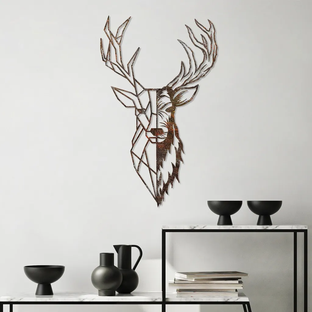 Wallity, Cervo arrugginito 3, Accessorio decorativo da parete in metallo, Antico, CORPO IN METALLO, 70 x 42 cm