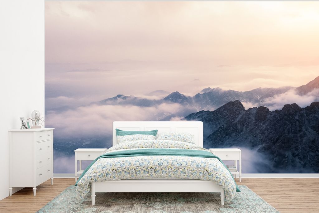 MuchoWow Fototapete für Wohnzimmer oder Schlafzimmer Wandtapete Vinyl Motivtapete Nebelschwaden ziehen über ein Gebirge - 350x260 cm - Wohnzimm...