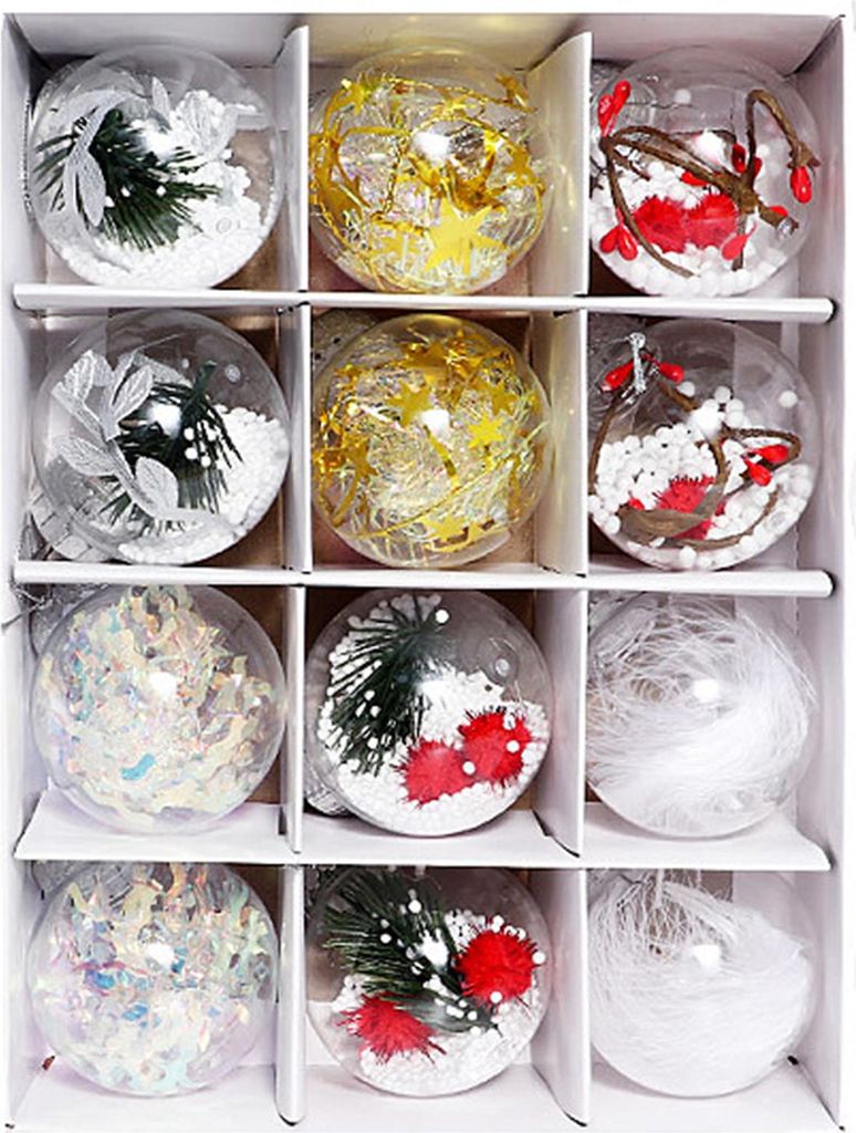 12 transparente Weihnachtskugeln (6 cm Durchmesser), bruchsicher, aus Kunststoff, zum Aufhängen, mit Füllung, für Weihnachtsfeiern und als Heimd...